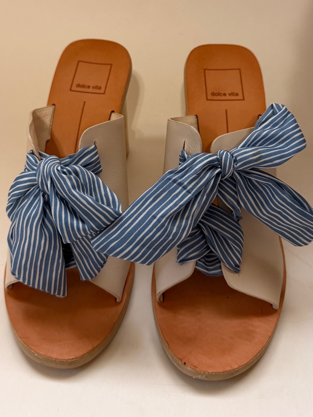 Dolce Vita Cream Slide Mules with Blue Striped Bow